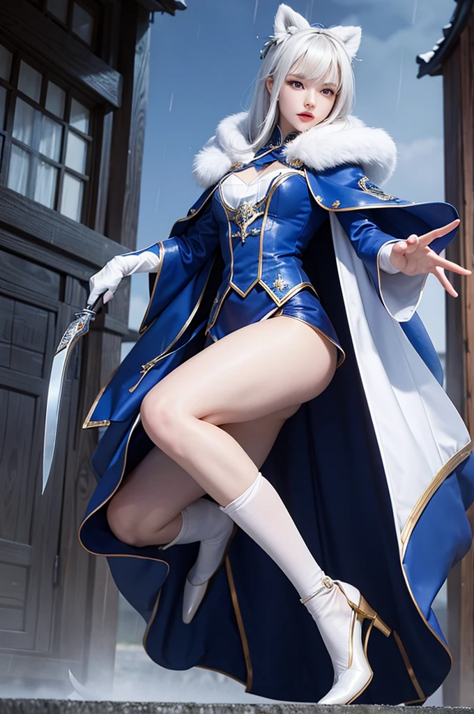 South korea women mystery hooded on with modern royal Blue coat with buttons and royal Blue cape and very high white heel over the knee and white gloves, As she reveals a small secret hidden blade, adding to the character’s mysterious and agile appearance, with small movements of air on the cape, in summer at night under the rain, with buildings featuring curved eaves and detailed architecture. The scene is set at night, sending a knife into the white woman's neck , intricate detail, ultra detail, incredible detail, intricate detail, extremely detailed and intricate, super max, masterpiece, best quality, HDR, UHD, unreal engine. , beautiful face, Rich in details High quality, gorgeous, captivating, 8k, super detailed, stunning shadows, detailed lines