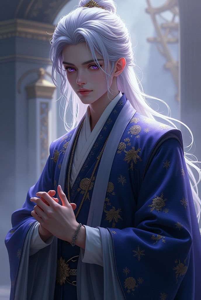 male, silver hair, purple eyes, emperor, drowsy eyes, soft and white skin, Noble appearance, 20's, bust, myth