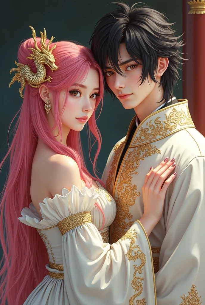 Medieval romantic setting. Beautiful woman with pink long hair and hazel eyes clad in a white wedding dress with golden dragon pattern embroidery. The man is handsome and tall with a sasuke uchiha hairstyle and dark eyes clad in regal white and golden dragon pattern embroidery.