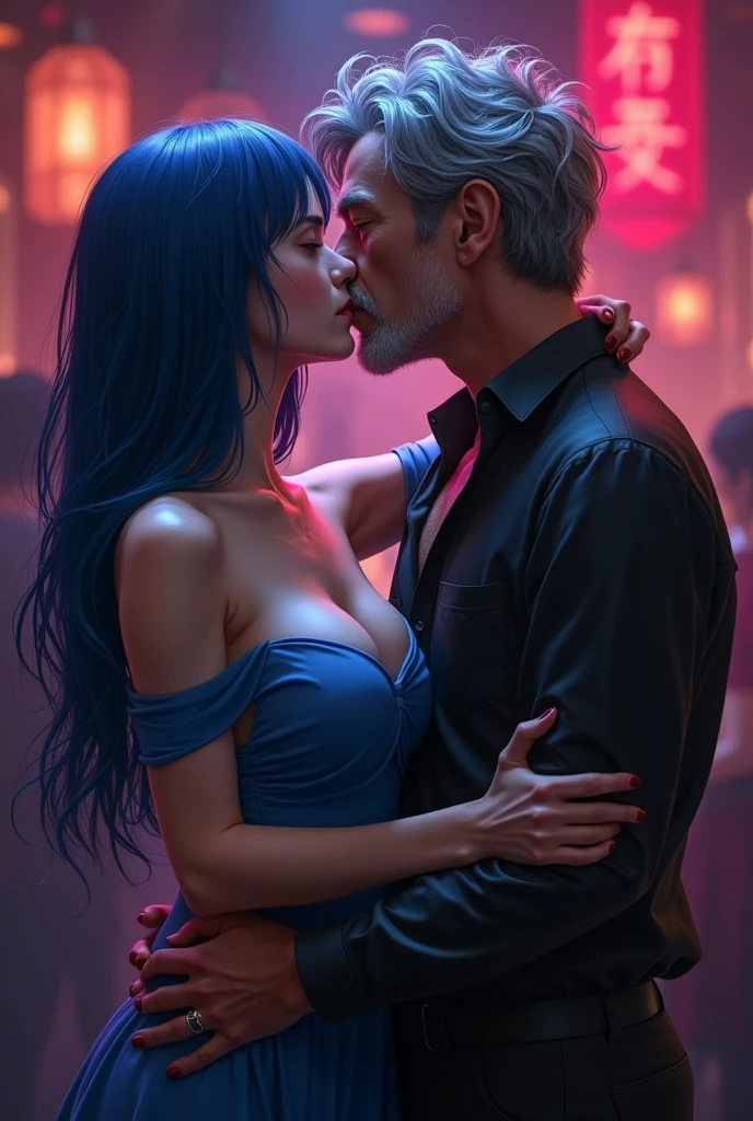 Tall, beautiful long hair, sexy, blue eyes, temperament woman, off shoulder revealing breasts, (huge breasts) , japanese girl, club, the old man gray hair hug girl. The old man kiss her. Wet body, orgasm face,