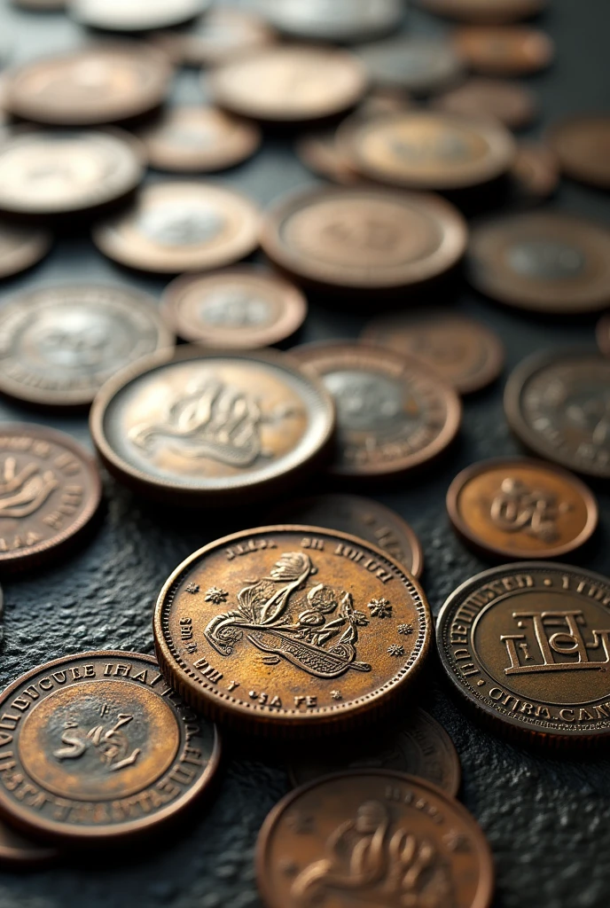 Old coins lined up in a row, all different sizes々