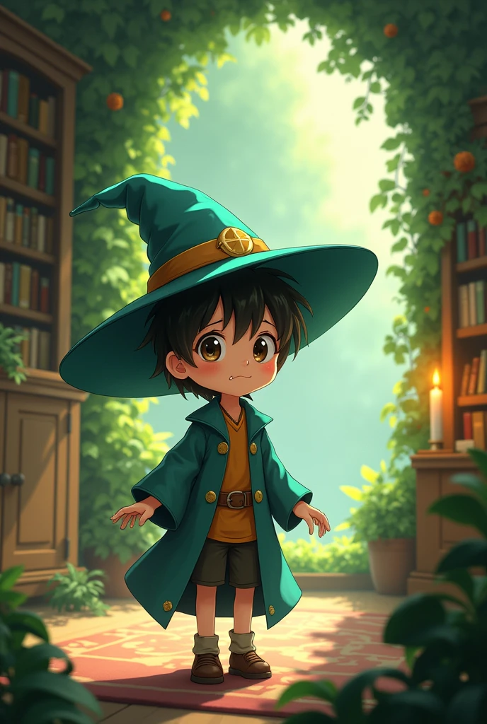 Cute Scared Anime Boy Wizard Green Interior Background