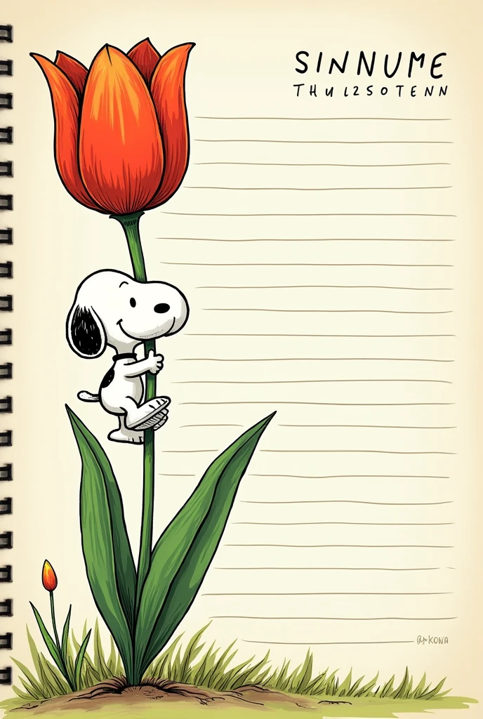 Create a cover where the name and the course are on the upper right side and the entire left side and the entire bottom part is occupied by a drawing of Snoopy climbing a giant plant, preferably a tulip, that it is all together on a notebook sheet 