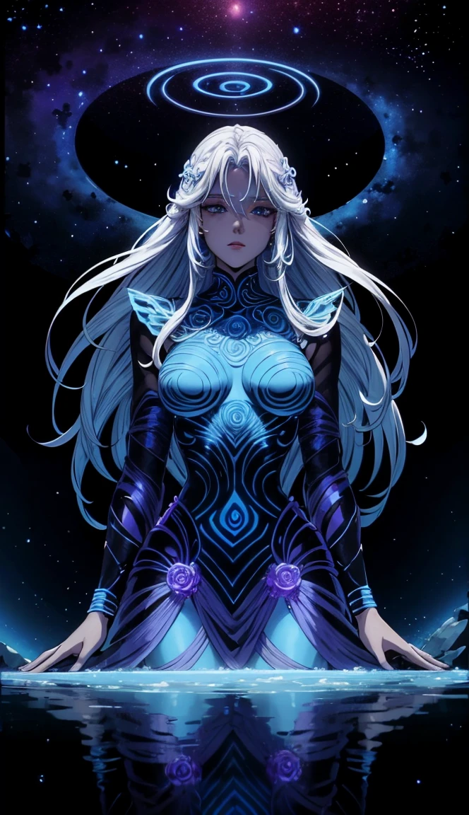 A mystical woman floating in the galaxy, ethereal hair, empress of the cosmic realm attire, mystical, blue-tinted skin, (best quality,4k,8k,highres,masterpiece:1.2),ultra-detailed, dramatic lighting, ethereal, cosmic, otherworldly, intricate details, glowing, surreal, dreamlike, shimmering, mesmerizing, iridescent, celestial, Her body being covered, well dressed, dressed.