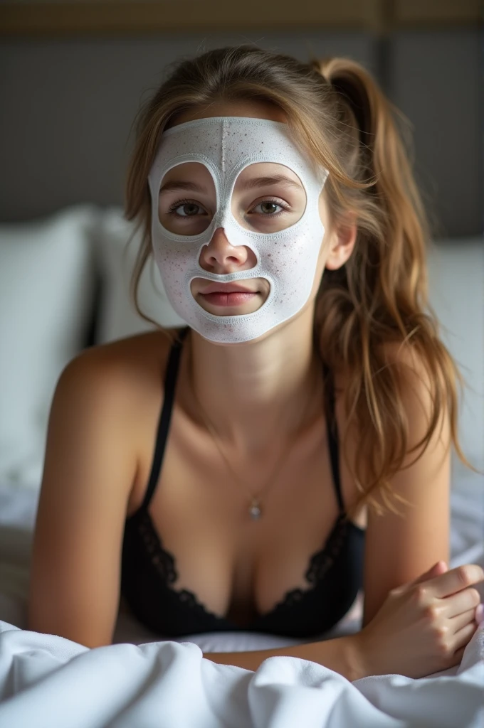 16 year old girl with black thong and white corset on her face, with a ponytail lying on a bed of white sheets