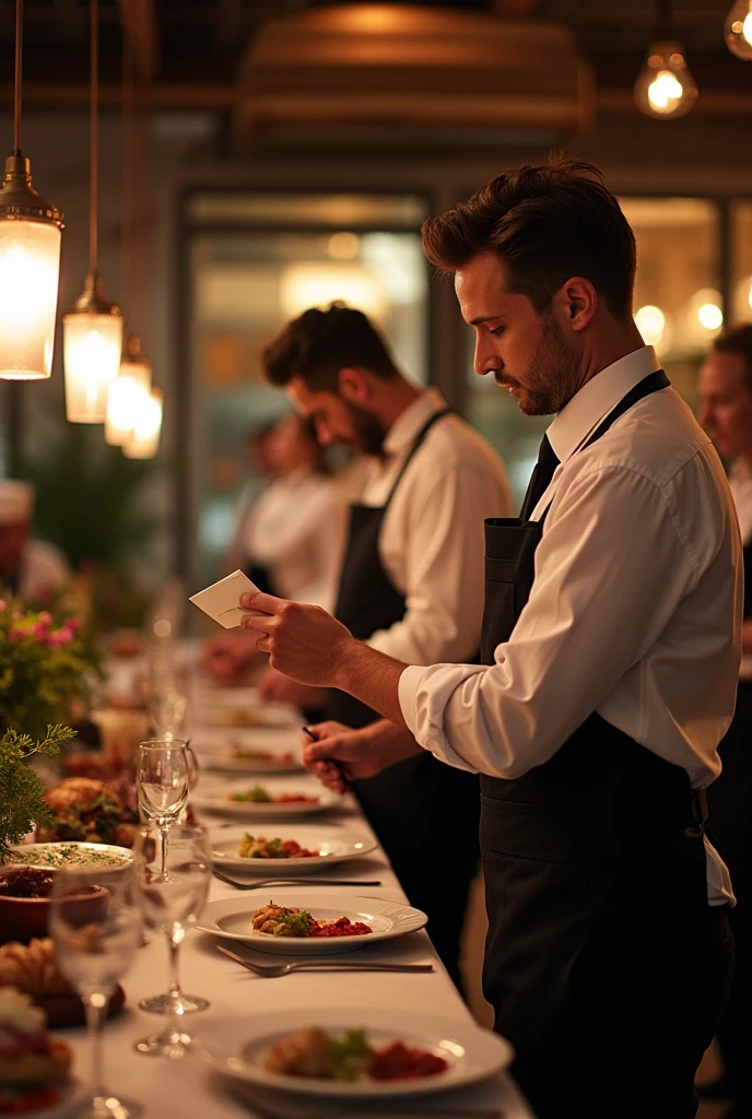 I need an image of a waiter giving the diners&#39; orders to the cooks




 


