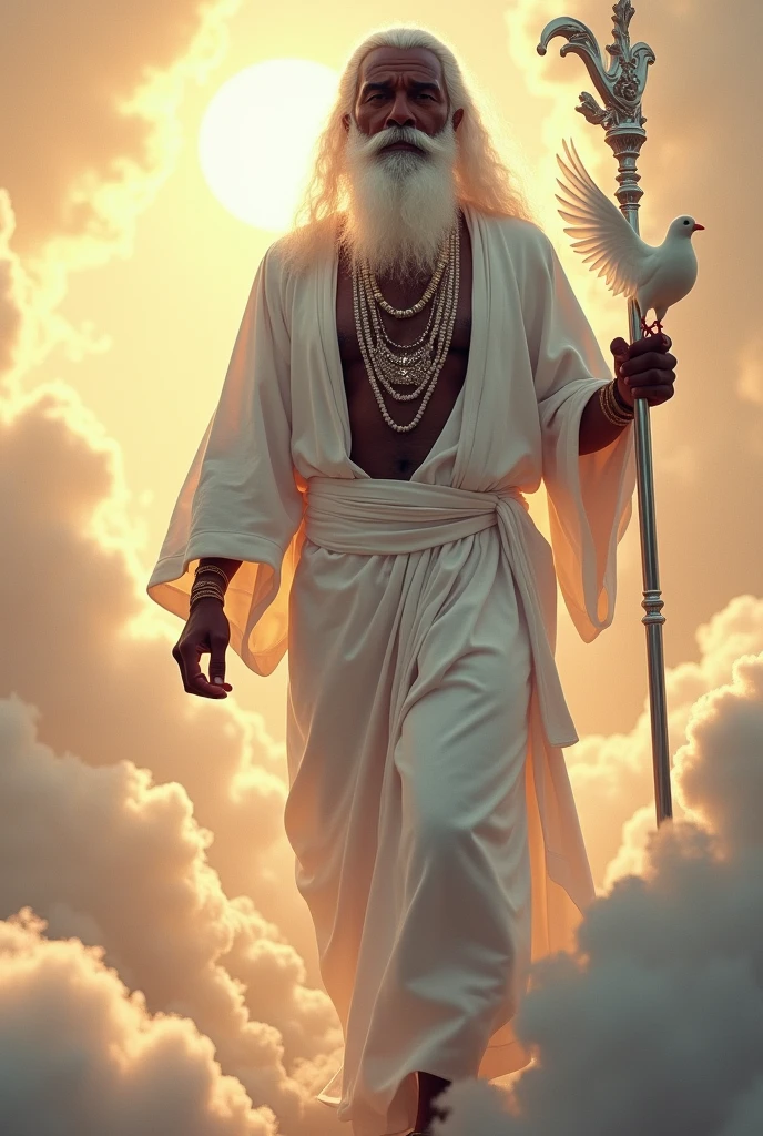 Black man Orisha, elder, barba branca, walking on clouds, white tunic, white necklaces, holding a white dove in his hand, silver staff, sun shining