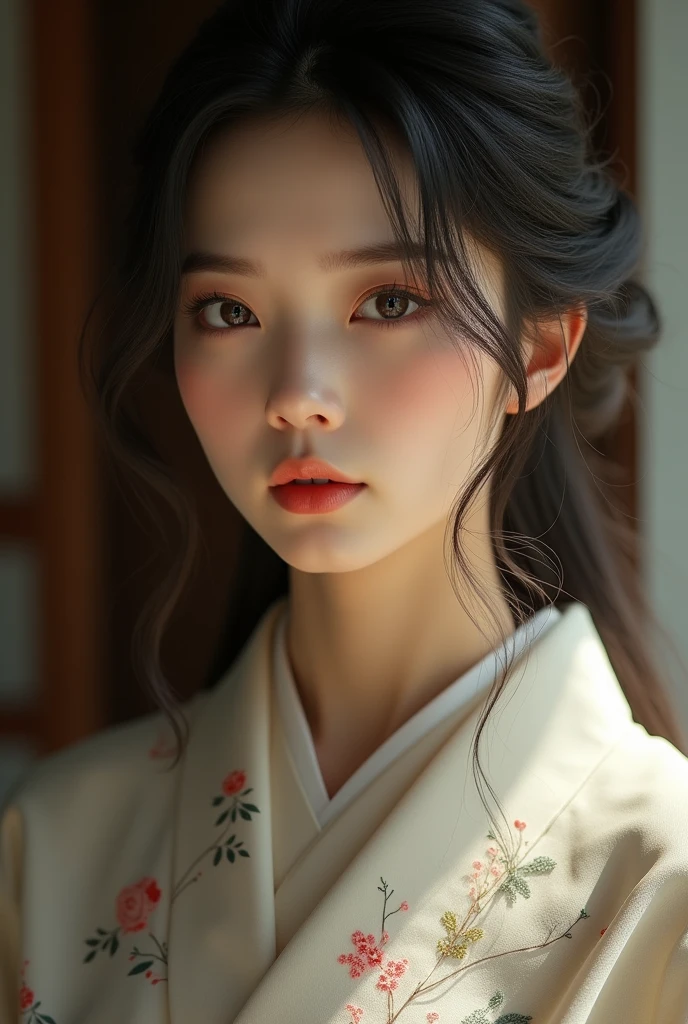 An elegantly dressed Japanese woman in natural light、A close-up of her chest and calm expression.、It shows her inner peace and outer charm.。
