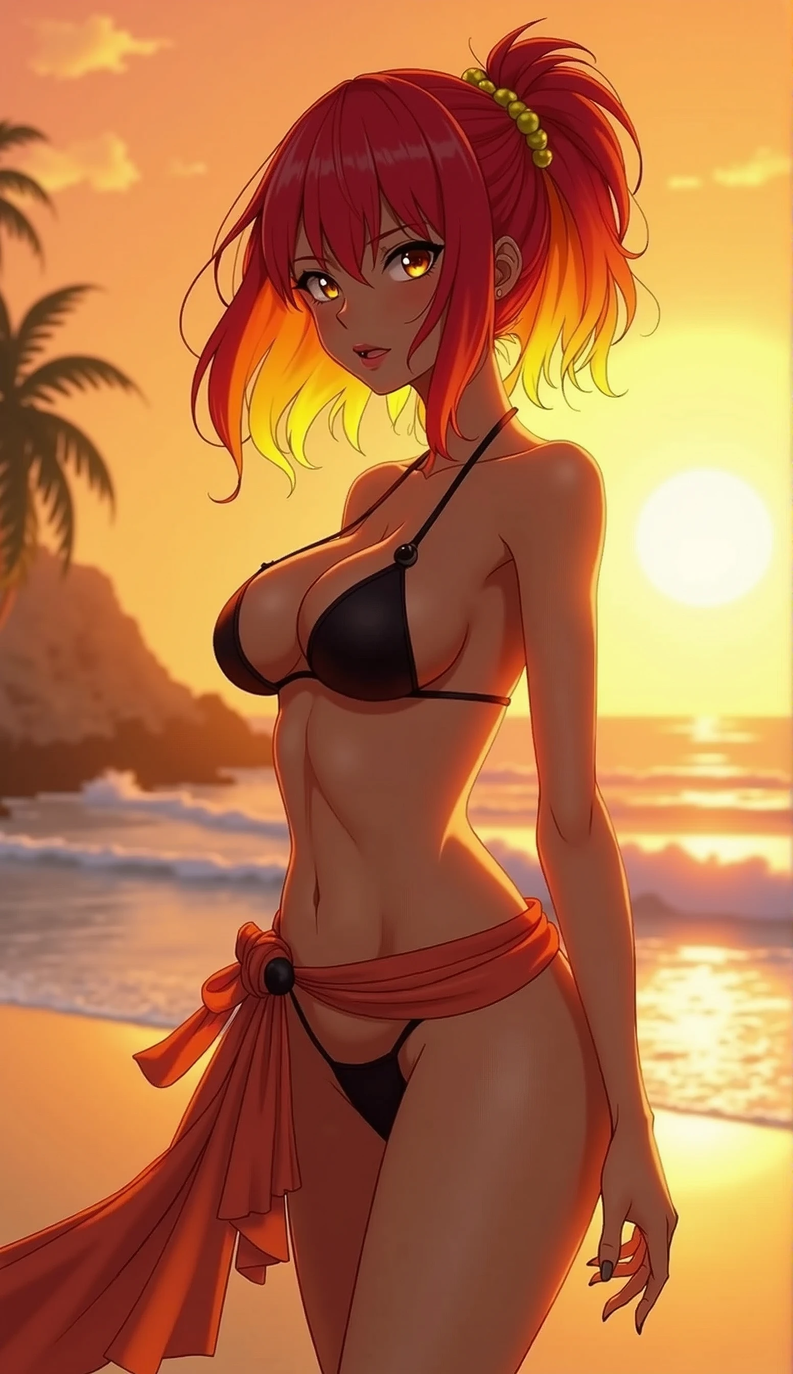sunsethuman, two tone hair, red and yellow hair, medium breasts, bikini, sarong, on beach,