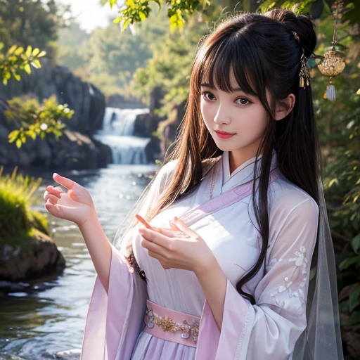 best quality, Delicate face，beautiful visual work, lifelike, eternity, black hair, Long curly hair, blunt bangs, Smile, Detailed Background, Delicate face，blush，cold，((masterpiece))、(top quality)、8k、high detail、Super detailed，21 years old female，Wearing Tang Dynasty Hanfu、waist skirt, Clothes are light and fluffy，Hanfu, wide sleeves, Transparent sleeves, Tunic, Clothes made of chiffon, Seductive and whimsical style、masterpiece、born、Scenes resembling fairy tale illustrations、Intricate details and complex designs、Beautifully、magic、capricious、 Beautifully、Dream aesthetics、「𝓡𝓸𝓶𝓪𝓷𝓽𝓲𝓬、ethereal、charming、fickle、magic」、Realism、Visual effects、FXAA、SSAO、Shaders、voiceless、ambient lighting、Tone mapping、High resolution、Ultra high quality、Million pixels、(8K resolution:1.10)、8k、Below 8K、8K resolution、high detail、intricate details， (high quality:1.2、masterpiece:1.2、:1.21)、(21 years old female:1.21)、(Smile excitedly)、(Surrounded by a dream-like atmosphere、Model diagram，full-body shot，Normal 2 feet，Put your hands behind you，The protrusion of the breast is visible when wearing clothes, Large Breasts, H cup chest, antiquity, Xian Xia, gauze clothes, Soft and fluttering, Fairy, dream, fantasy, light, elegant, nature, Immortal, romantic, classical, ribbon, light purple clothes, By the stream