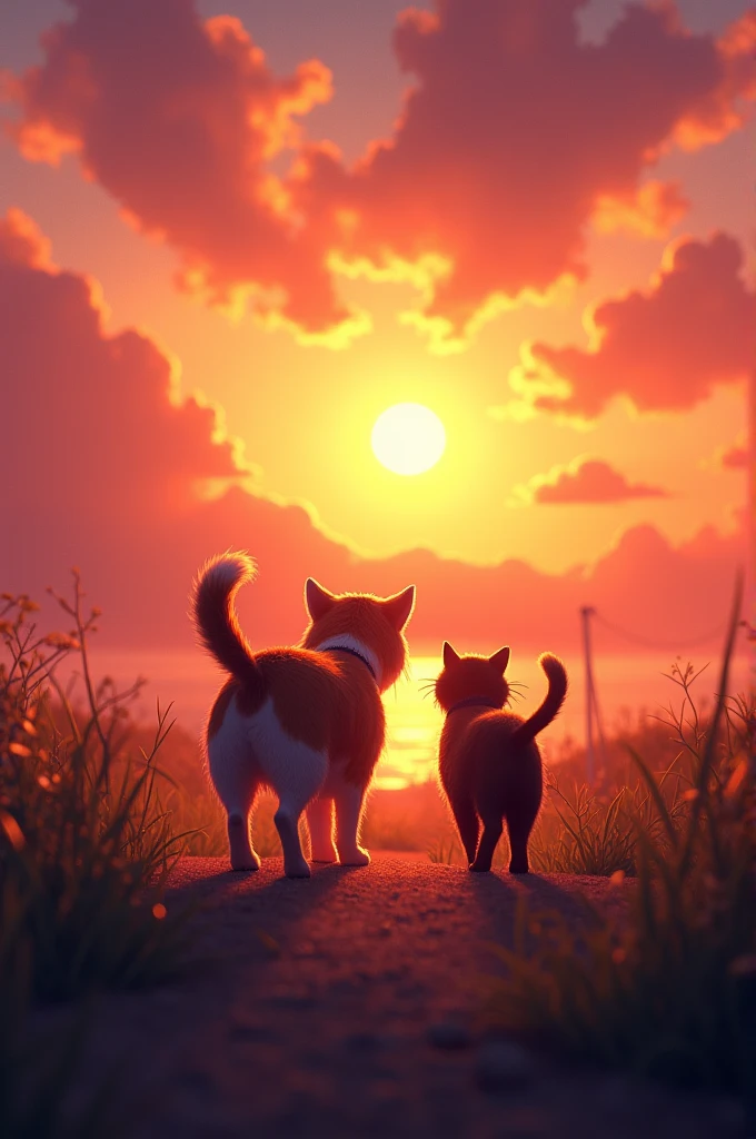 A cat an dog walking into the sunset 
 