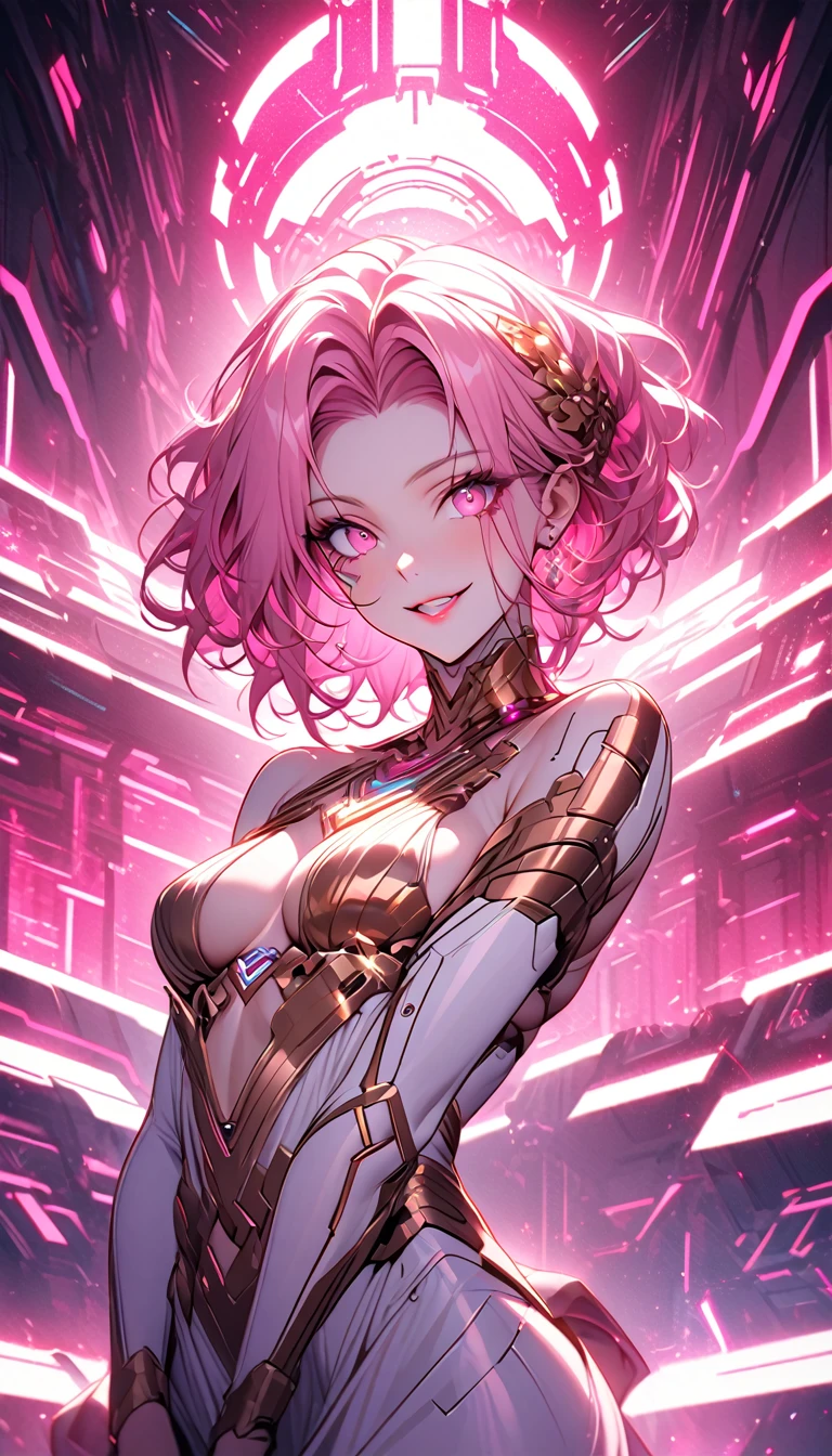 top-quality、tmasterpiece、Very high resolution、super high image quality、High-quality pixels)、perfect eyes, perfect face, perfect body figure，solo，8K，(Detailed description of hair), (Detailed description of face),(Detailed description of body), fair and clear skin, matchless beauty, long legged, pink hair details expressed, The details have been upgraded, braid, bangs, blue eyes, (Black fully-covered bodysuit:1.2), hair ornament, asta(honkai star rail), large breasts, leadership, ssmile, inside spaceship