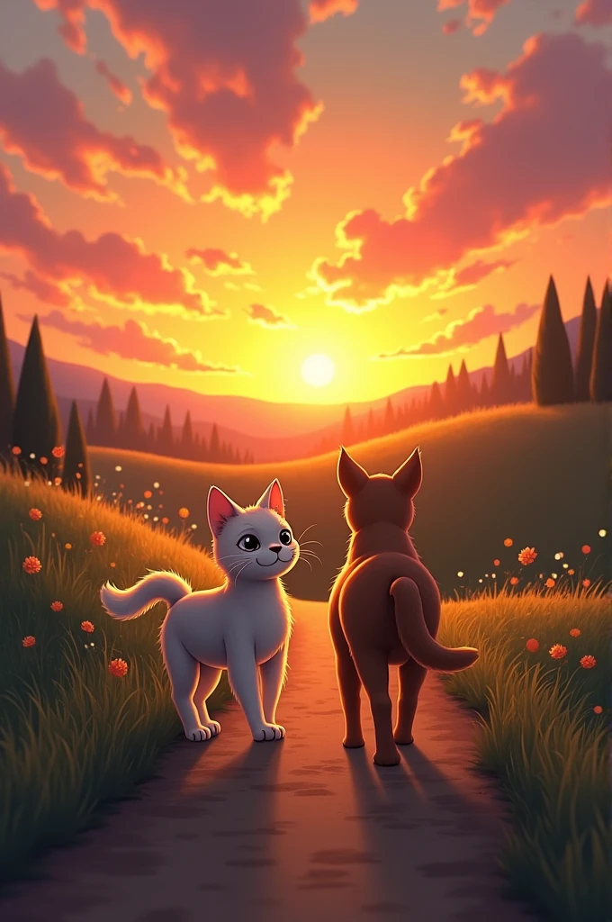 A cat and a dog walking into the sunset 