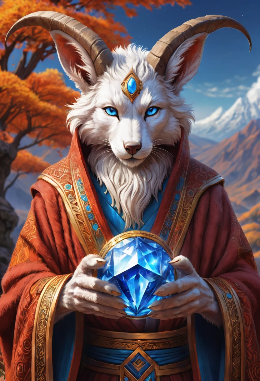 Anthropomorphic kitsune-satyr monk. red fur. Old, wrinkled ancient, decrepit. Crystal blue eyes. wise face. wizened. long detailed fingers. Official Art – An Award-Winning Digital Masterpiece In 4K Ultra HD, Extreme Detail And Intricate Realism. Symmetrical Face. This bright and colorful Concept Art Brought To Life By The Hands Of Artists Like Wlop & Artgerm In A Stunning 2D Vector Illustration. Background Is A Panoramic Vista.