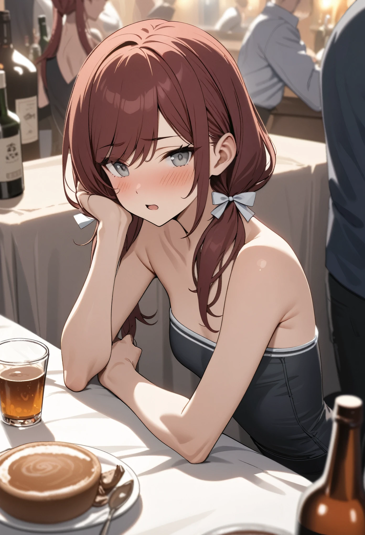 Masterpiece, highres, high Quality, detailed face, over-the-shoulder shot, crowded bar, bottles, drunk, drink, Gray eyes, dark red hair, swept bangs, low twin tails, white ribbons, gray strapless shirt with white trim, black jeans, small breasts, toned arms, hands shaking slightly, tablecloth texture visible, steaming cup of coffee nearby.