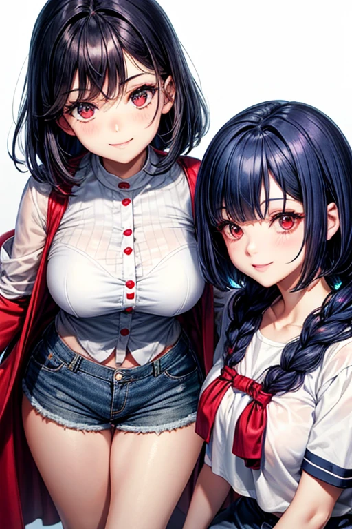 Red eyes, Bob Hair, Large Breasts,Navy Blue Hair, Inner Color, White blouse,Shorts smile cute