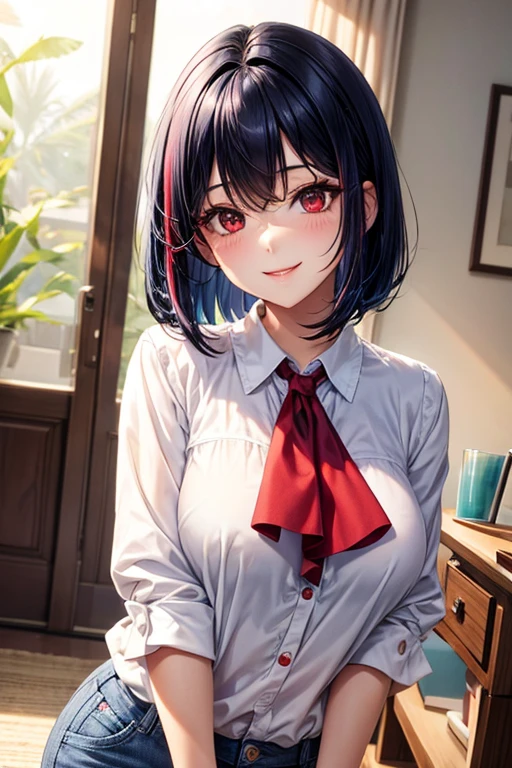 Red eyes, Bob Hair, Large Breasts,Navy Blue Hair, Inner Color, White blouse,Shorts smile cute