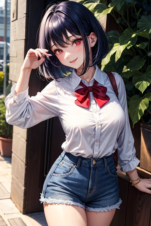 Red eyes, Bob Hair, Large Breasts,Navy Blue Hair, Inner Color, White blouse,Shorts smile　cute