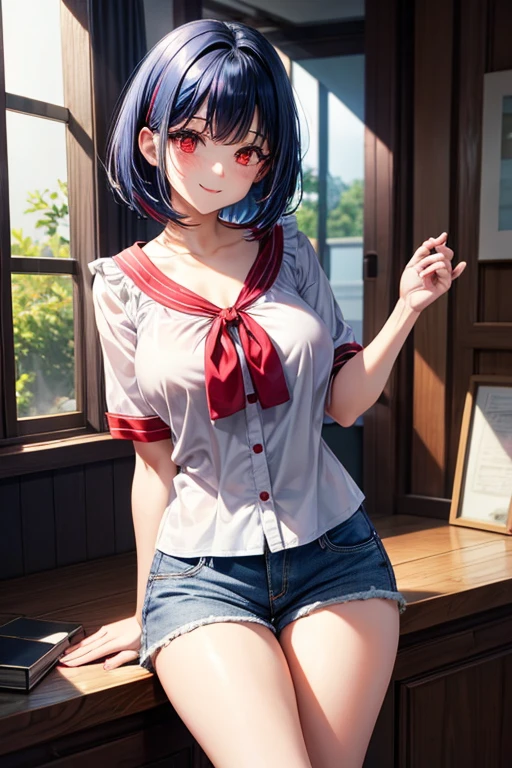 Red eyes, Bob Hair, Large Breasts,Navy Blue Hair, Inner Color, White blouse,Shorts smile cute