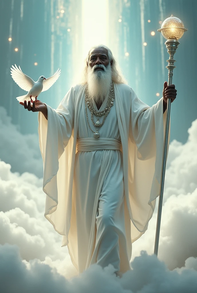 Orisha Black Man, elder, white bearded, Walking on clouds, White tunic, white necklaces, holding a white dove in his hand, silver staff with globe, sun shining 