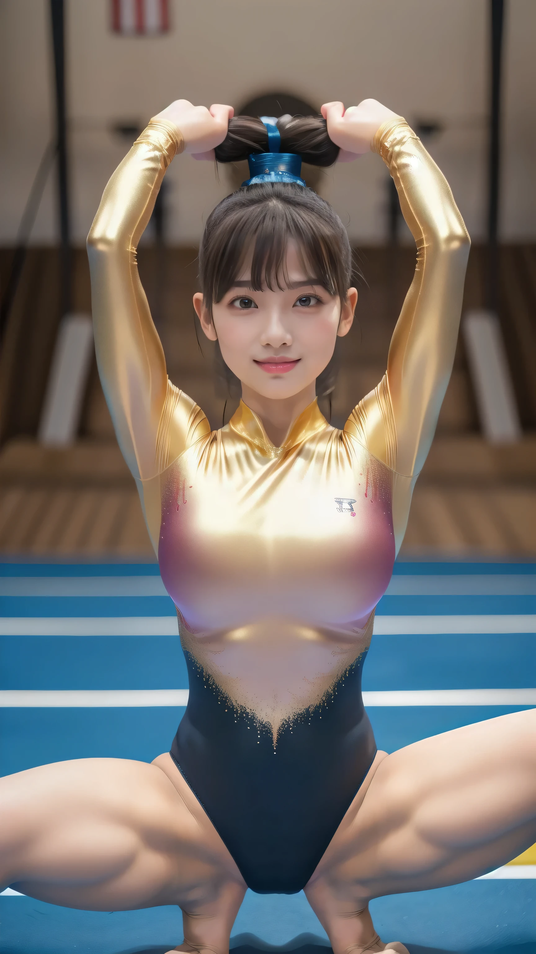 ((indoor, 新Gymnastics arena, Gymnastics arena:1.3)), (Highly detailed skin, Beautiful realistic face, White skin, Pointed Chest, Small nipples, Perfect Anatomy, Realistic eyes, Natural Eyes, Brown eyes, Accurate eye focus, Accurate limbs), (Hyper Realist, ultra-realistic, 4K, Attention to detail, Ultra-high resolution, Highest quality, masterpiece, Presence, dynamic, Uplifting, bold, Sharpness), (Thinning hair:2, Soft Hair:2, Straight hair:1.5, Long, slicked bangs, Light copper amber hair, Hair on one eye, Twin tail hair), (Female gymnast, Detailed costume, She wore a tight-fitting long-sleeved leotard.:1.5), Shiny long sleeve leotard, Metallic colors long sleeve leotard, Racing long sleeve leotard, Gymnastics Long Sleeve Leotard, ((High leg long sleeve leotard, Long sleeve leotard with crystal embellishment)), ({Metallic red color| Metallic purple color| Metallic white color| Metallic navy color| Metallic pink color| Metallic gold color| Metallic silver color| Metallic black color| Metallic colors}Long sleeve leotard colors), (Big Breasts:1.5), Tall, Elongated arms and legs, Small waist, Small hips, (Crouching, M-shaped split, squat:1.2, squat with your legs wide apart, Spread your legs), The long-sleeved leotard is digging into her butt, barefoot, Looking into the camera, smile, (Underhair does not grow), 