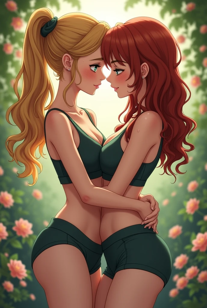 two girls hugging in the forest, female link and malon kissing, First kiss, Grégoire and Manon, lovely kiss, A kiss is a wordless spell, fairy tale style background, One girl is blonde and has small breasts.........、The other girl has red hair and big breasts..........., Skinny Legs,, , Anatomy correctly, Accurate Hand Modeling,