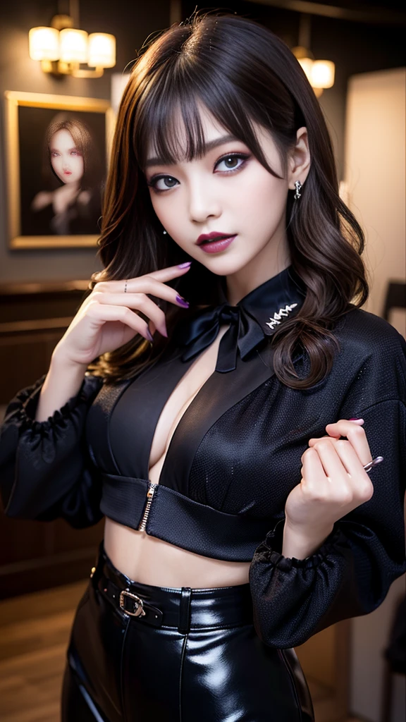 best quality、ultra-detailed、8k、Japanese、Seductive beauty、seductive adult woman、Pretty Woman、cool girl、smirk、Wicked Smile、Villainess、brainwash makeup、brainwash、Fallen into evil、Evil look、evil、Brown hair、wavy hair、swept bangs、dark makeup、piercing eyes、hollow eyes,half-closed eyes、Hollow Eyes、purple Eyeshadow、black lipstick、black lipglos、Purple Eyeshadow、black lipstick、black lip gloss、Dark Makeup、smirk、Whisper in my ear、Evil look、suit、Jacket、blouse、ribbon、Tight Skirt、pantyhose、Shiny beautiful legs、night、inside darkroom、Kiss、I have lipstick、Are standing、Look、Offer、shoot from below、