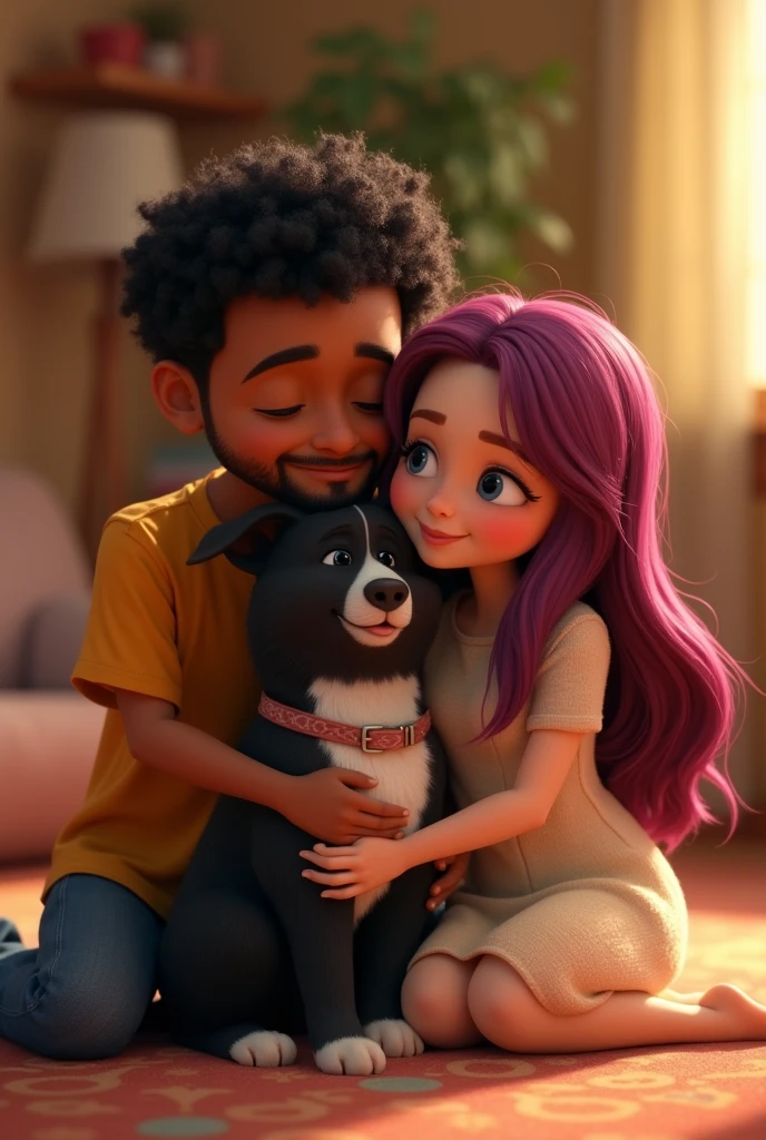 Disney Pixar-type animation of a young Colombian man with dark skin, cheek, a chubby one, Short curly black hair with a fade cut, thin nose, thin eyebrows and short beard. Hugging a chubby young woman with long violet red hair very lovingly, white skin and a border collie dog with all black hair