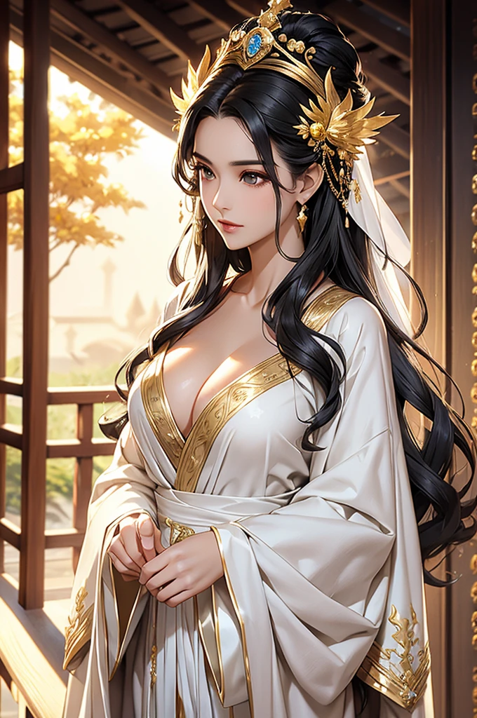 Black Hair, Immortal, Beauty, Royal sister, Stepmother, White and gold robe robe, Golden Phoenix Coronet, Hair Bunch, Beautiful Breasts , Mature Woman,Sunshine