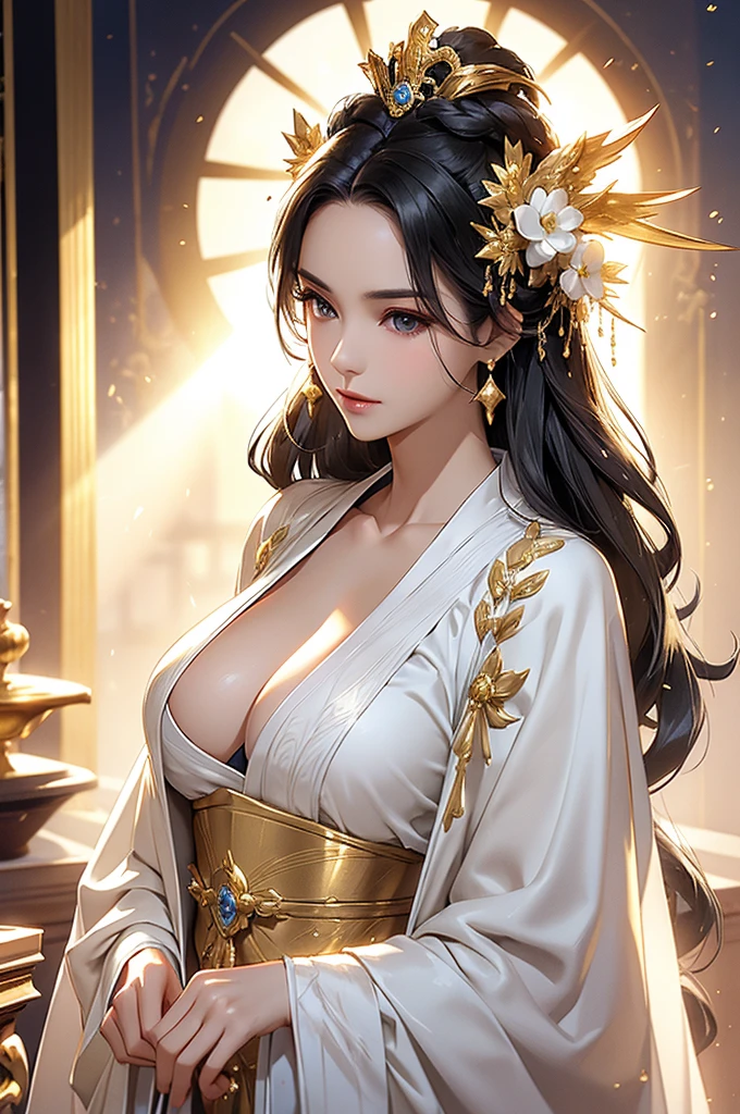 Black Hair, Immortal, Beauty, Royal sister, Stepmother, White and gold robe robe, Golden Phoenix Coronet, Hair Bunch, Beautiful Breasts , Mature Woman，Sunshine