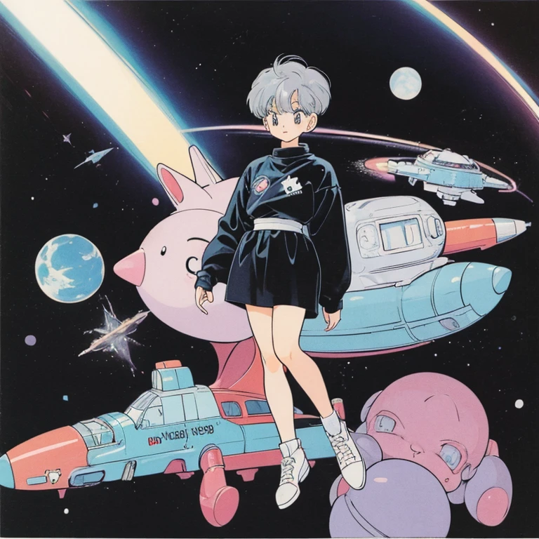 ((a cute girl)),gray hair,medium　short hair,black sweater,full body,flat fill,analogue,1990s,comic,simpleなラインアート,retro anime,many colorful stars,night,space、no gravity,takahashi rumiko,simple、Very cute design、print