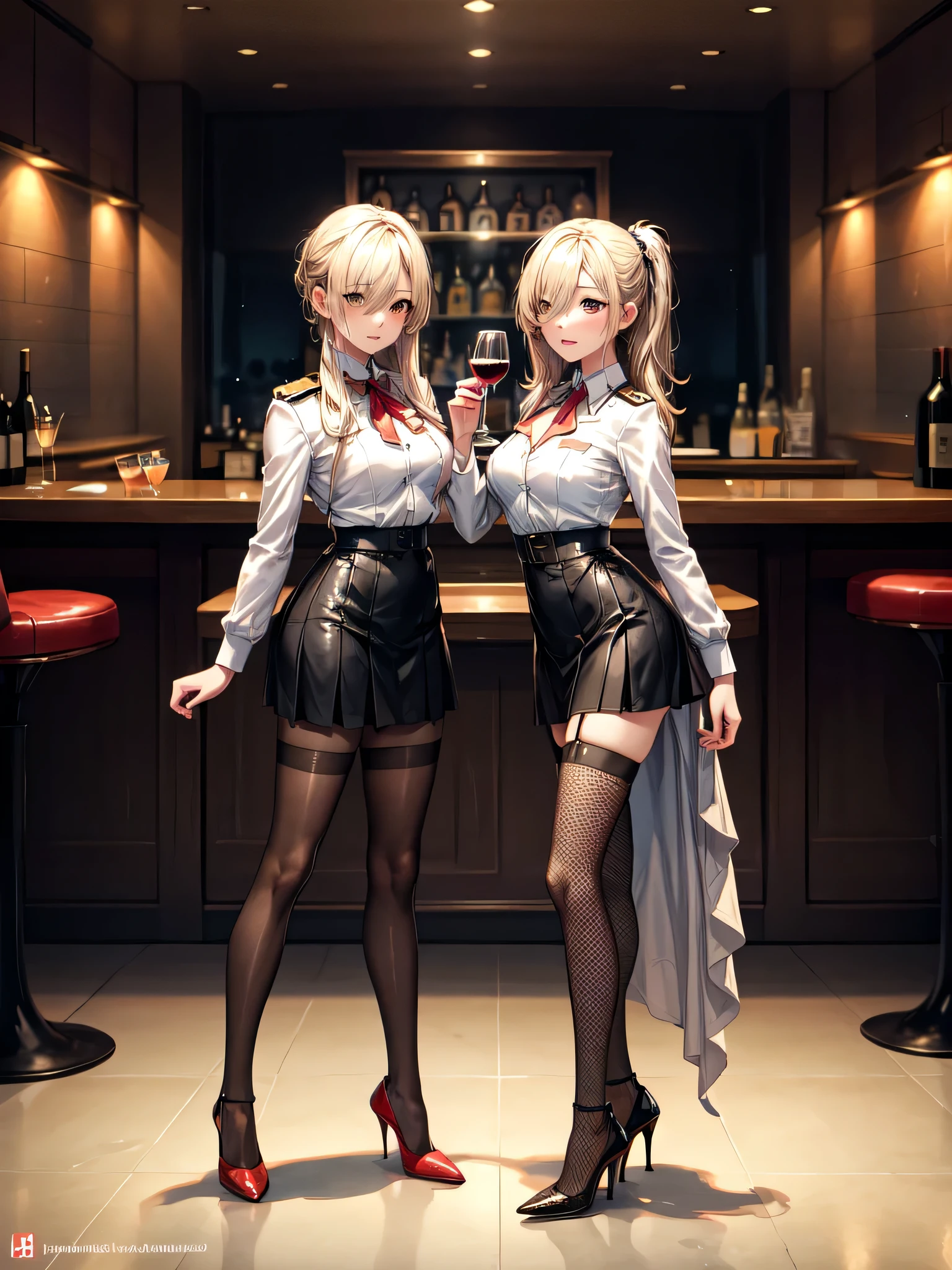 (masterpiece:1.3),(best quality, highest quality),((Full Body Shot,Including face)), ((1girl)), 4K, masterpiece, ((Focus on the face)),((Symmetrical facial features)), Beautiful woman, (Slender), ((Patterned stockings with straps)), Detailed depiction of the face, bar counter, Slenderな女性, National flag, 20-year-old,Beautiful Face, (Upper Body),Hair on one eye, Medium Sidecut, bionde, Sharp focus, Enamel military uniform, Tight Skirt, (High heels:1.5),Cocktail,Wine