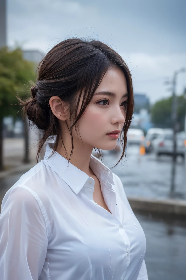((Highest quality, 8k, masterpiece: 1.3)), sharp: 1.2, Perfect Body Beauty: 1.4, Slim Abs: 1.2, ((Layered Hairstyles, Big Breasts: 1.2)), (Wet White Button Long Shirt: 1.1), (rain, street: 1.2), Wet: 1.5, Highly detailed face and skin texture, Detailed eyes, double eyelid, Profile looking at the camera