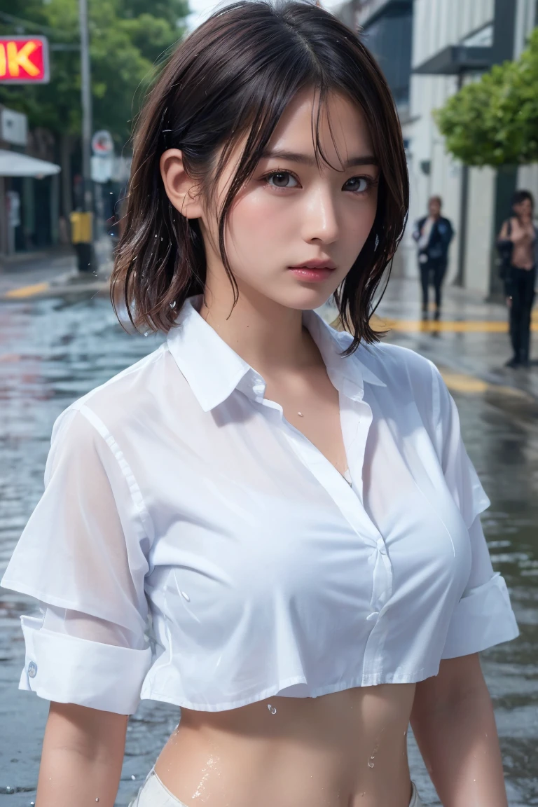 (masterpiece, Highest quality), One girl, Beautiful office lady, Very wet, soaked from heavy rain, Long black hair, Straight hair, White blouse, ((face close up:1.2)), saggy big breasts:0.3,  Serious expression, Street Background, Detailed Scene, Reflective Puddle, Dark Clouds, heavy rain, realistic rain effect)
