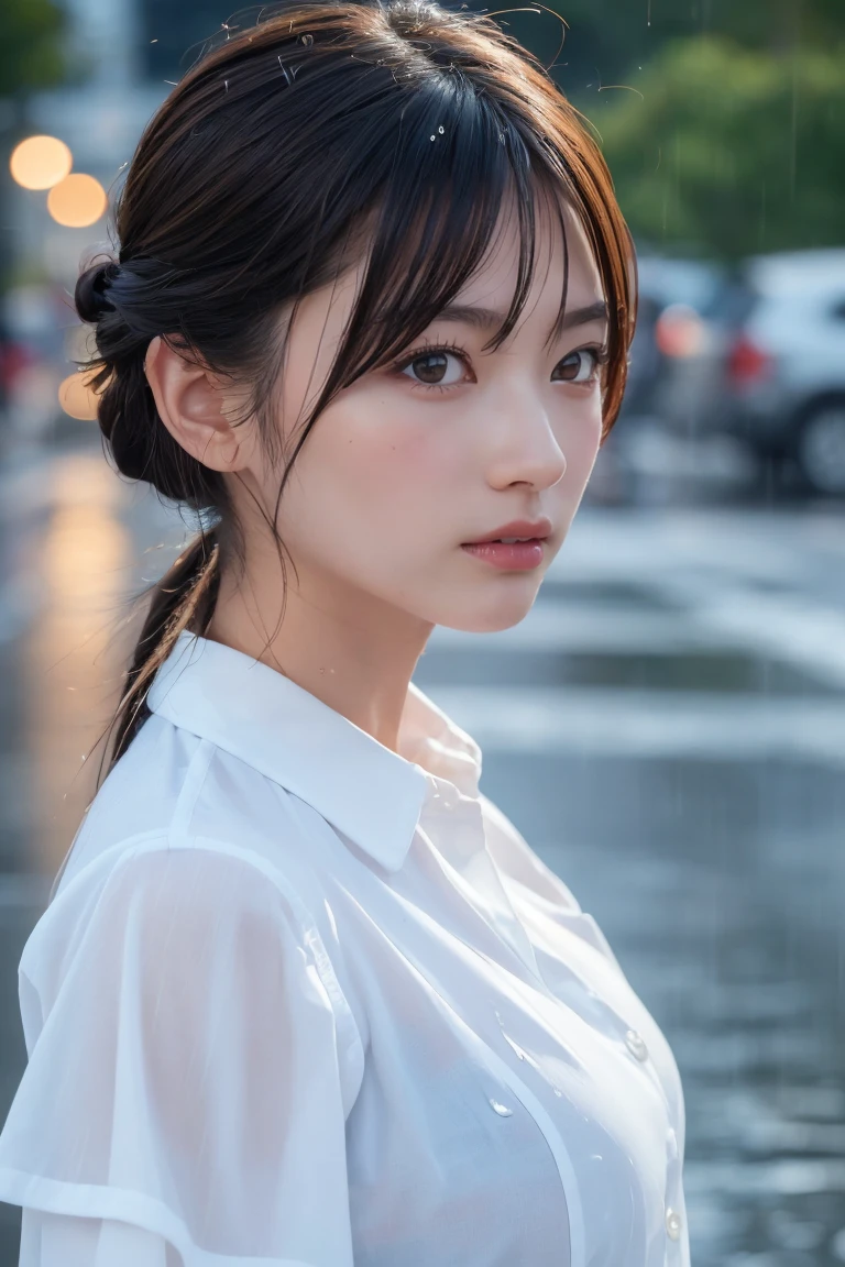 ((Highest quality, 8k, masterpiece: 1.3)), sharp: 1.2, Perfect Body Beauty: 1.4, Slim Abs: 1.2, ((Layered Hairstyles,: 1.2)), (Wet White Button Long Shirt: 1.1), (rain, street: 1.2), Wet: 1.5, Highly detailed face and skin texture, Detailed eyes, double eyelid, Profile looking at the camera