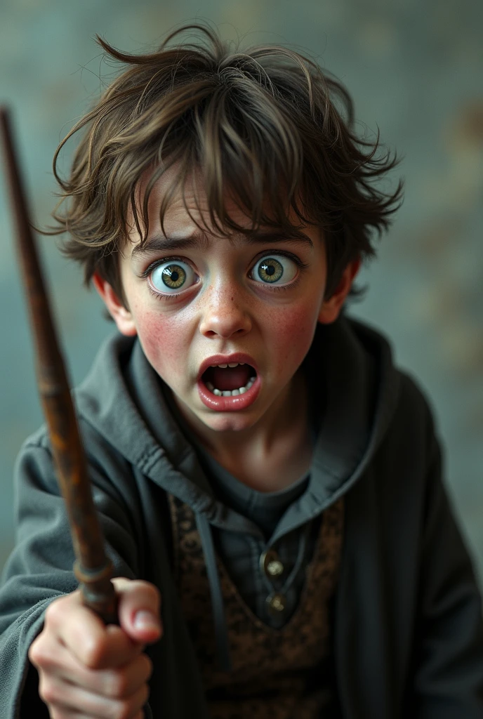 Image of a super scared boy wizard without background