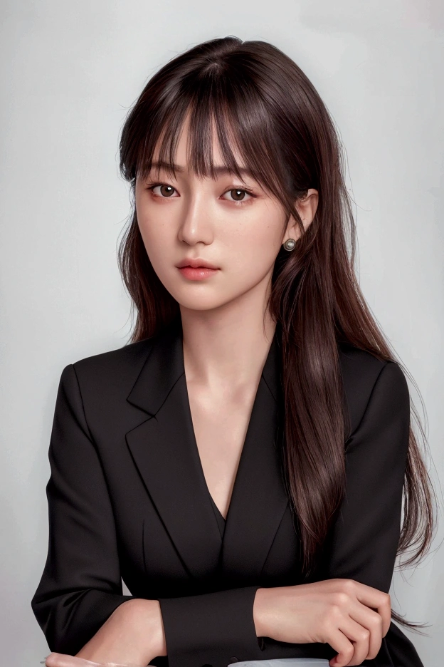 (highest quality:1.4), (ultra high resolution:1.2), (photorealistic:1.4), (8k, RAW photo:1.2),(portrait shot:1.3), mirachi.s, 1 girl, alone, chest, long hair, looking at the viewer, bangs, black hair, brown eyes, closed mouth, Upper body, lips, realistic, nose, office lady, office chair, suit,black clothes