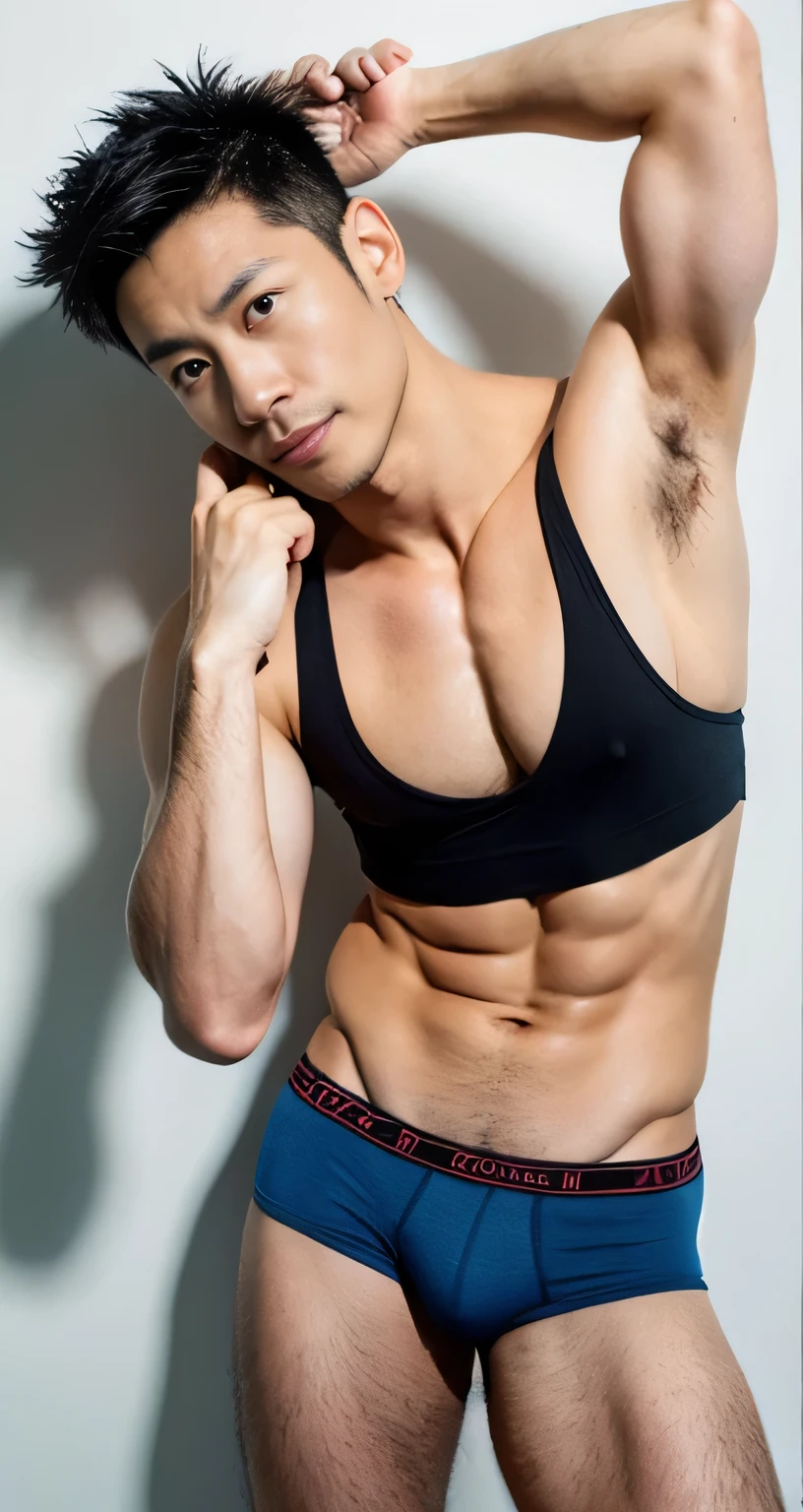 natural male、40 years old、Japanese male、very handsome、abs、Pectoral muscle、ck black underwear、PUMP blue briefs、body hair、full-length picture,sexy pose