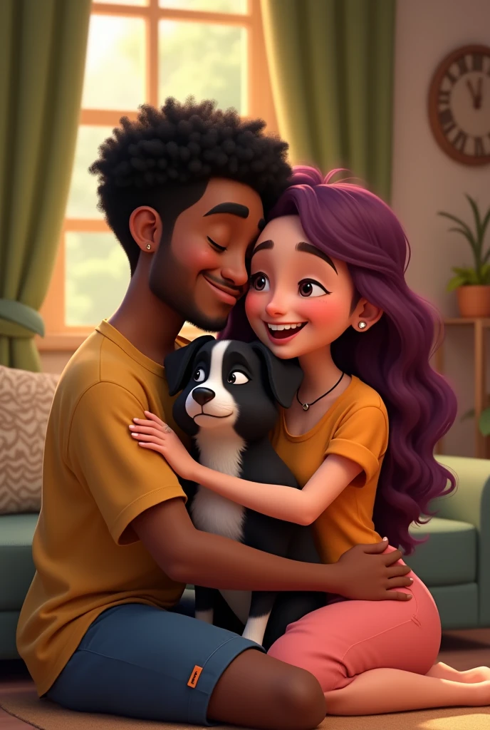 Disney Pixar-type animation of a young Colombian man with dark skin, cheek, a chubby one, Short curly black hair with a fade cut, thin nose, thin eyebrows and short beard. Hugging a chubby young woman with long violet red hair very lovingly, white skin and a border collie dog with all black hair