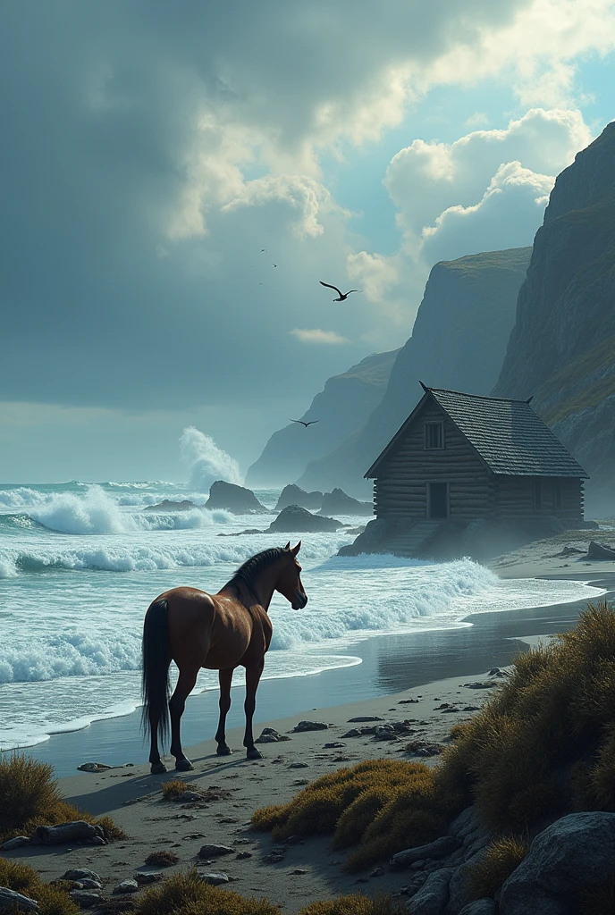 Create an imposing image of the seashore with a horse near a large cabin