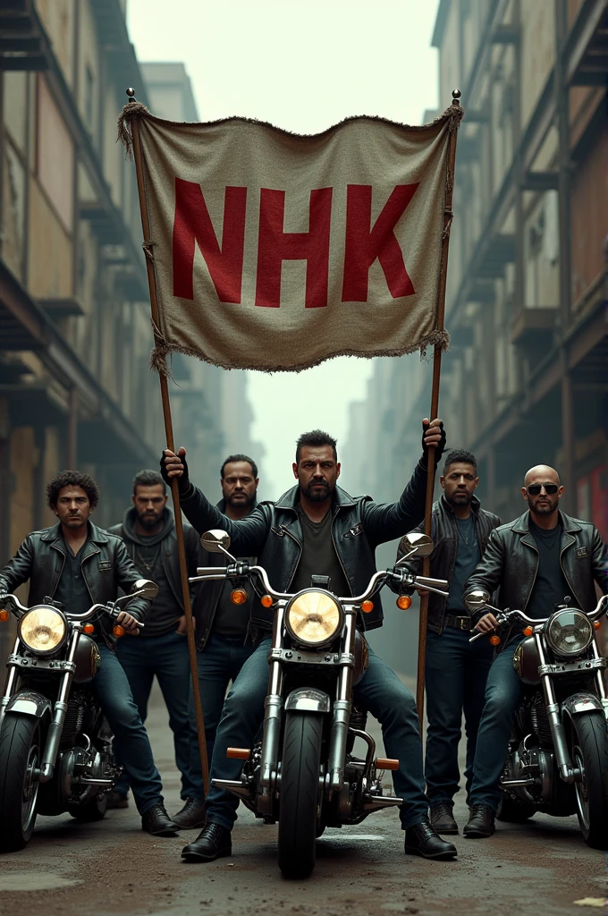 Plusieurs gang motards tenant un drapeau sur lequel il est écrit N H K