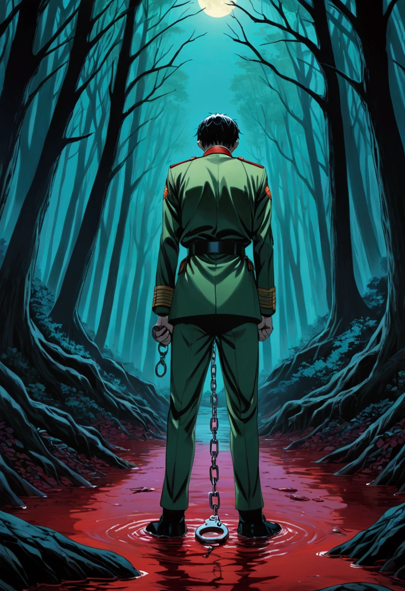 Man in green military uniform、、Hands behind back、handcuffs in the forest、In the blood and mud、Are sleeping、Horror Scene、anime、
