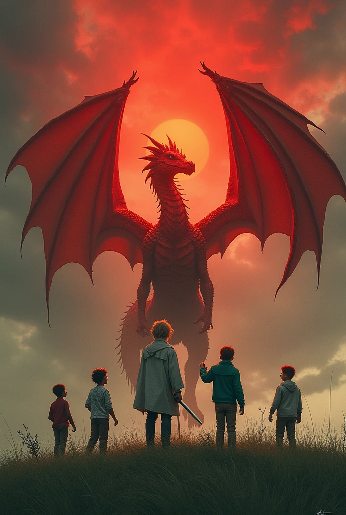 Red dragon with three heads containing open wings flying upwards. below green grass. red sky mixed with black and gray smoke. Na grama um menino branco standing backwards com cabelo castanho cacheado e roupas dos anos oitenta, he has his arm raised and holding a sword in his hand. from beside, another white boy standing backwards com cabelo castanho, smooth ass, Chanel and with bangs that is also wearing an 80s outfit, also containing a book of magic in his hand. from beside dele, outro menino negro standing backwards, with black curly hair, wearing 80&#39;s clothes. from beside, another white boy, standing backwards, with brown, almost blonde hair, wearing a cap and wearing 80&#39;s clothes. from beside, uma  white, standing backwards, with red hair, far away, of braids, using 80&#39;s headphones, wearing an aqua green jacket, brown pants and red sneakers. from beside, white, standing backwards, with hair almost shaved, with his hand raised to the dragon, usando uma blusa white de mangas comprida com flores.