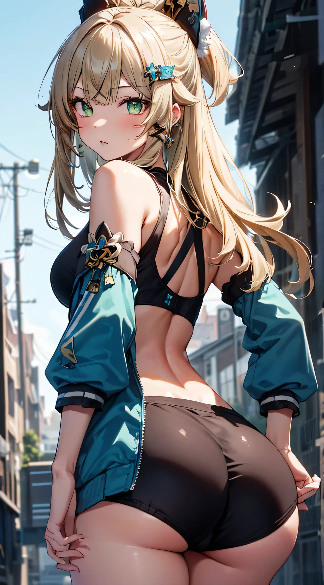 kirara, genshin impact,1girl, green eyes, blonde hair hair ornament, bare shoulders, (black crop top,green jacket), tail, Sportswear shorts, standing, outdoors, masterpiece, Noise Reduction, perfect anatomy, high resolution, ultra-detailed, ultra-detailed face ,beautiful detailed eyes, perfect body, visual art, five fingers, perfect hands, perfect lighting, sparkling pupils, looking back at viewer, (((a well-shaped butt))), (((Protruding buttocks))), (((big ass)))