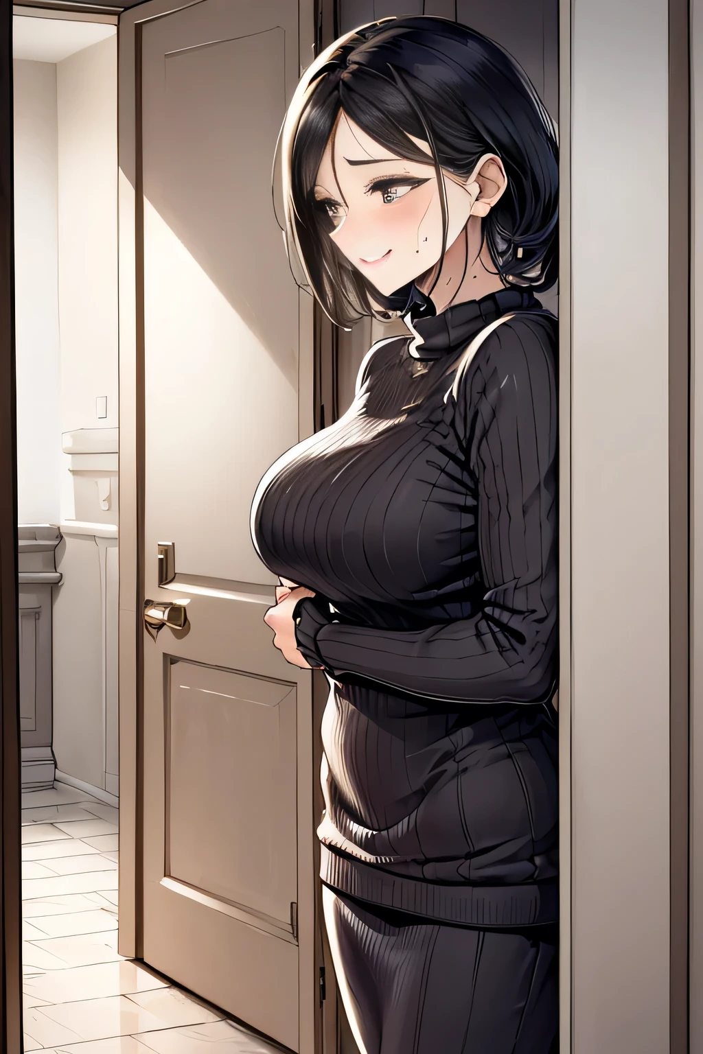 /(Modern house interior/), Only one woman, Mature Woman, /(Random color ribbed sweater/), A gentle blushing smile, (Masterpiece Top quality:1.2) Delicate illustrations, Very detailed, ((Sweat, vapor)), In front of the entrance door, visit, (Full Shot)