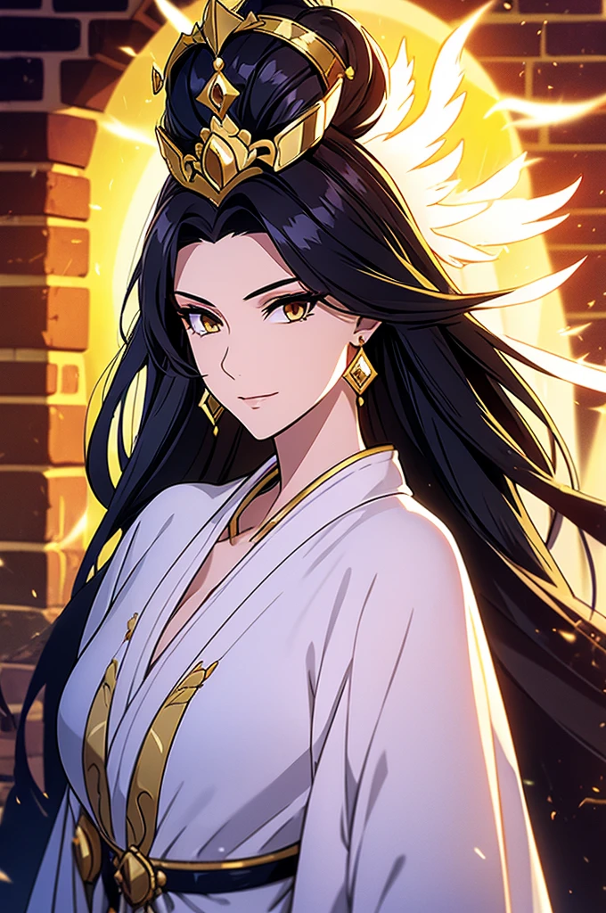 Black Hair, Immortal, Beauty, Royal sister, Stepmother, White and gold robe robe, Golden Phoenix Coronet, Hair Bunch,Mature Woman，Sunshine