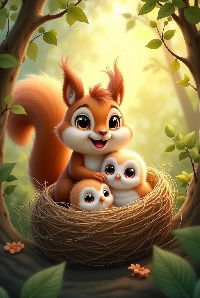 A squirrel happy to have found the owl's nest that got lost , with his little owl family