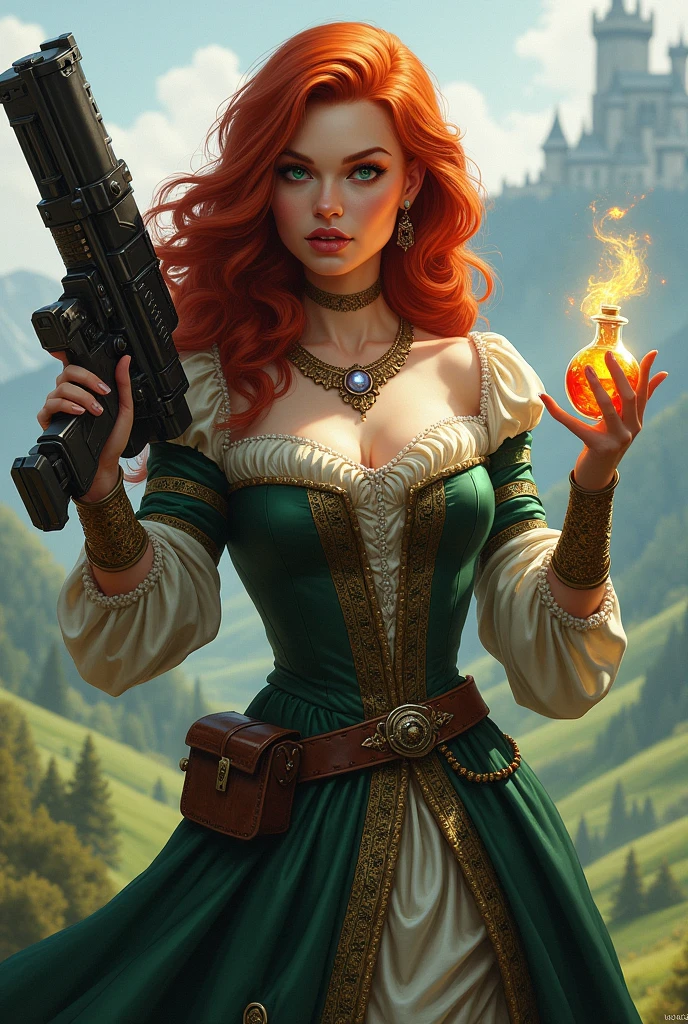 Draw a redheaded woman for a character in d&d being an artificer holding a plasma cannon in one hand and a potion in the other. Medieval princess clothes