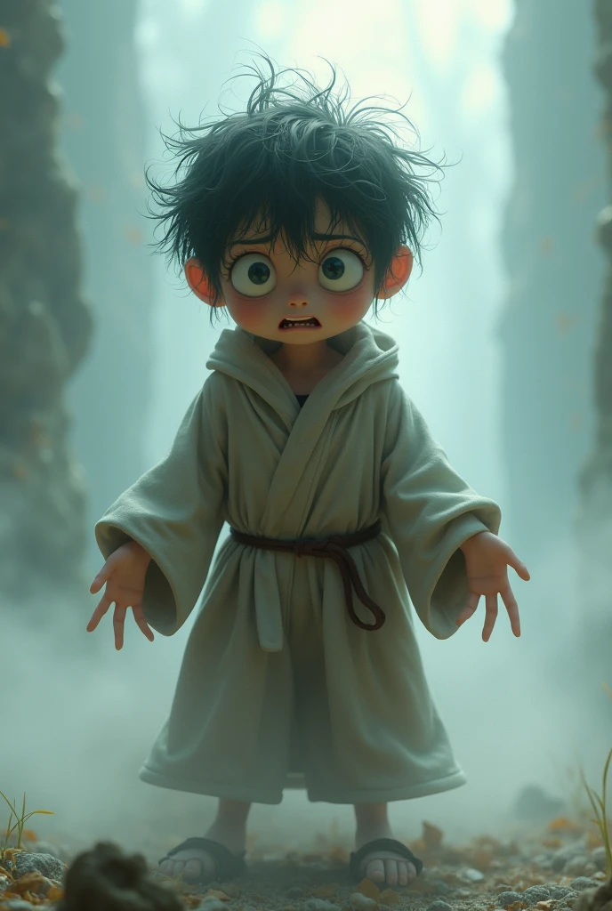 Image of a cute, super scared boy wizard with no background
