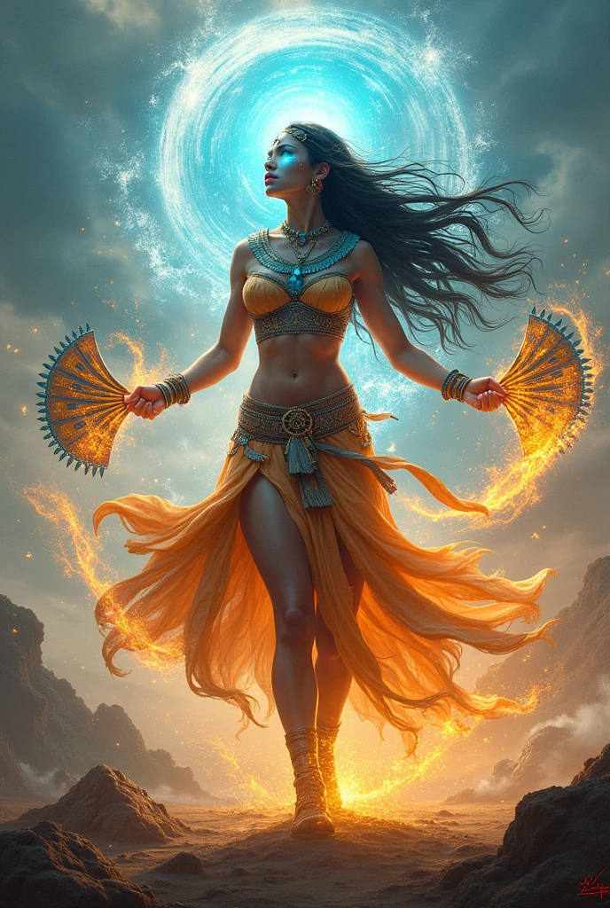 A woman in bizarre costume holding a fiery wand,Full close-up, Standing barefoot in a disc on the water,Fire in the hands,A circle of fire is raging around the body,Mysterious red flame,The background is layers of icebergs,Towering icebergs,All Ice World,Endless icebergs,Dark blue light,Spooky atmosphere,Towering spires,Mysterious atmosphere,Art germ on ArtStation Pixiv, Goddess of Light, IG model | Art germ,